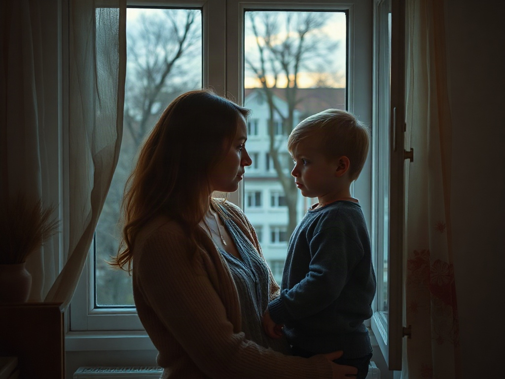 Мать и сын стоят у окна, глядя друг на друга в вечернем свете, атмосфера теплоты и близости.